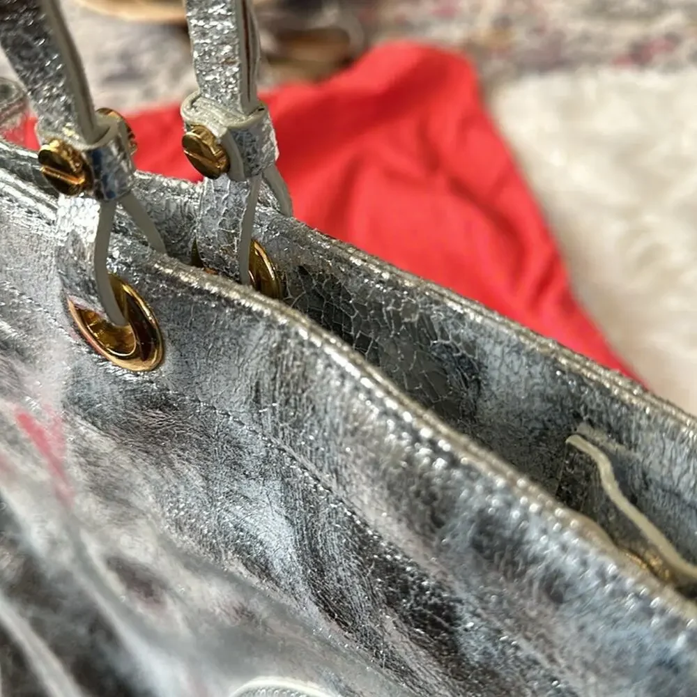 Tory Burch Metallic Silver logo T  tote Shoulder Bag.